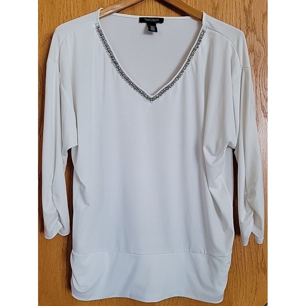 WHBM White House Black Market Women’s Large Solid White Stretchy TOP 3/4 Sleeve